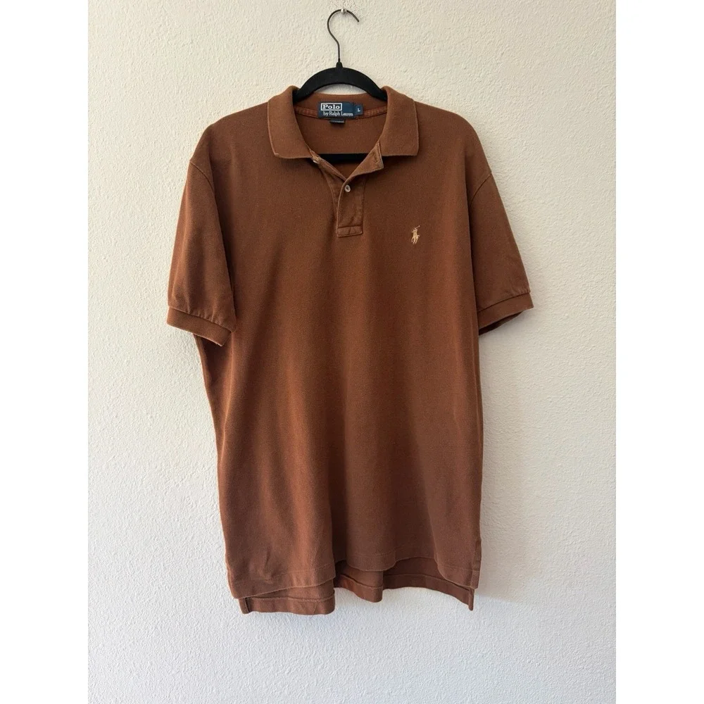 Polo Ralph Lauren Mens Brown Cotton Short Sleeve Polo Shirt Size L Vintage Logo